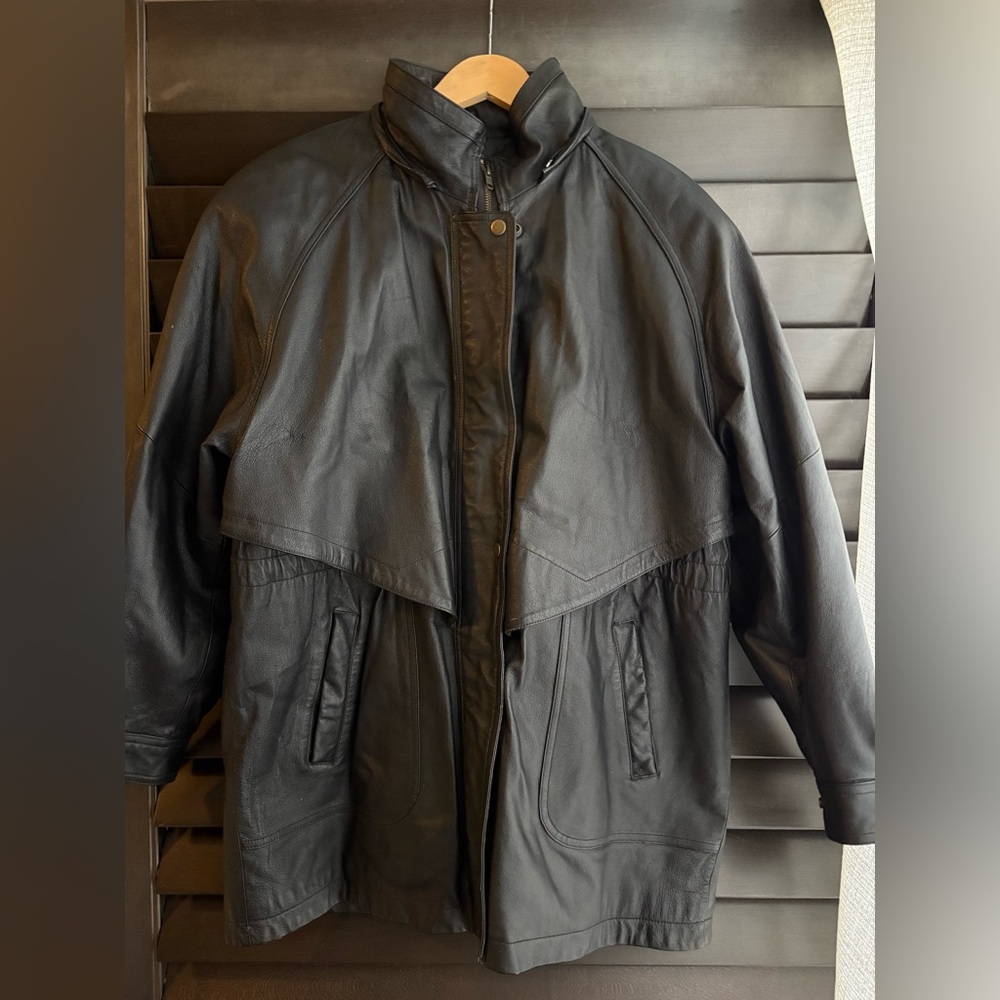 Liz Baker Essentials Vintage Medium Black Leather Long Line Jacket w Hood